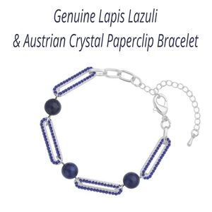 Lapis Lazuli and Blue Austrian Crystal Paper Clip Bracelet in Silver over Brass